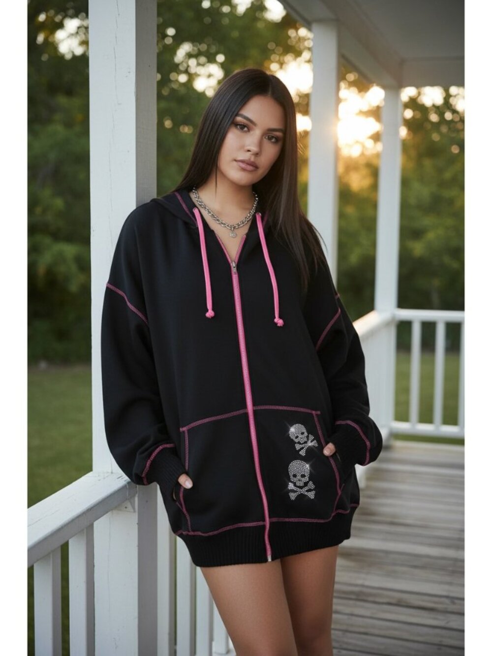 Oversized Skull Skeleton Zip-Up Contrast Stitching Hoodie Front Pocket Jacket